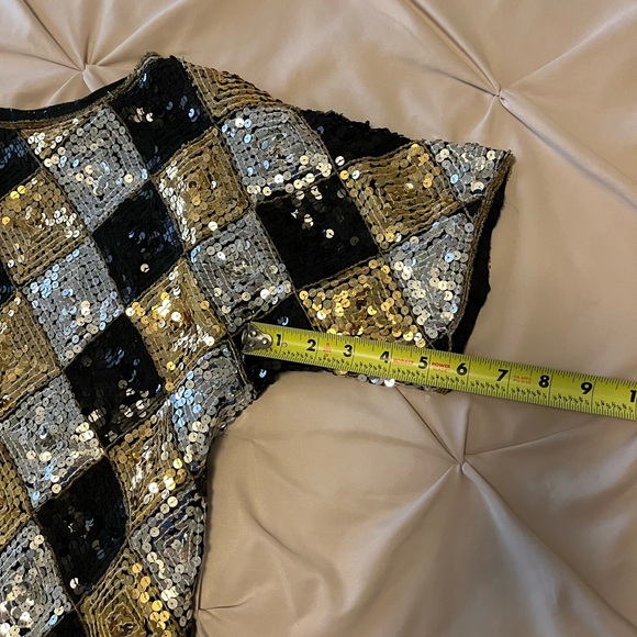 Vintage Gold Silver Black Sequin Checker Blouse Top Medium - Picture 7 of 9